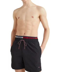 Hot Sale 😀 Tommy Hilfiger Logoline Double Band Swimshort In Black ✔️